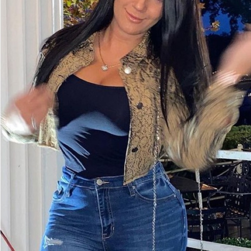 Skirt & Jacket Set Brown Snake Print Tan Denim Stretch - Picture 3 of 8